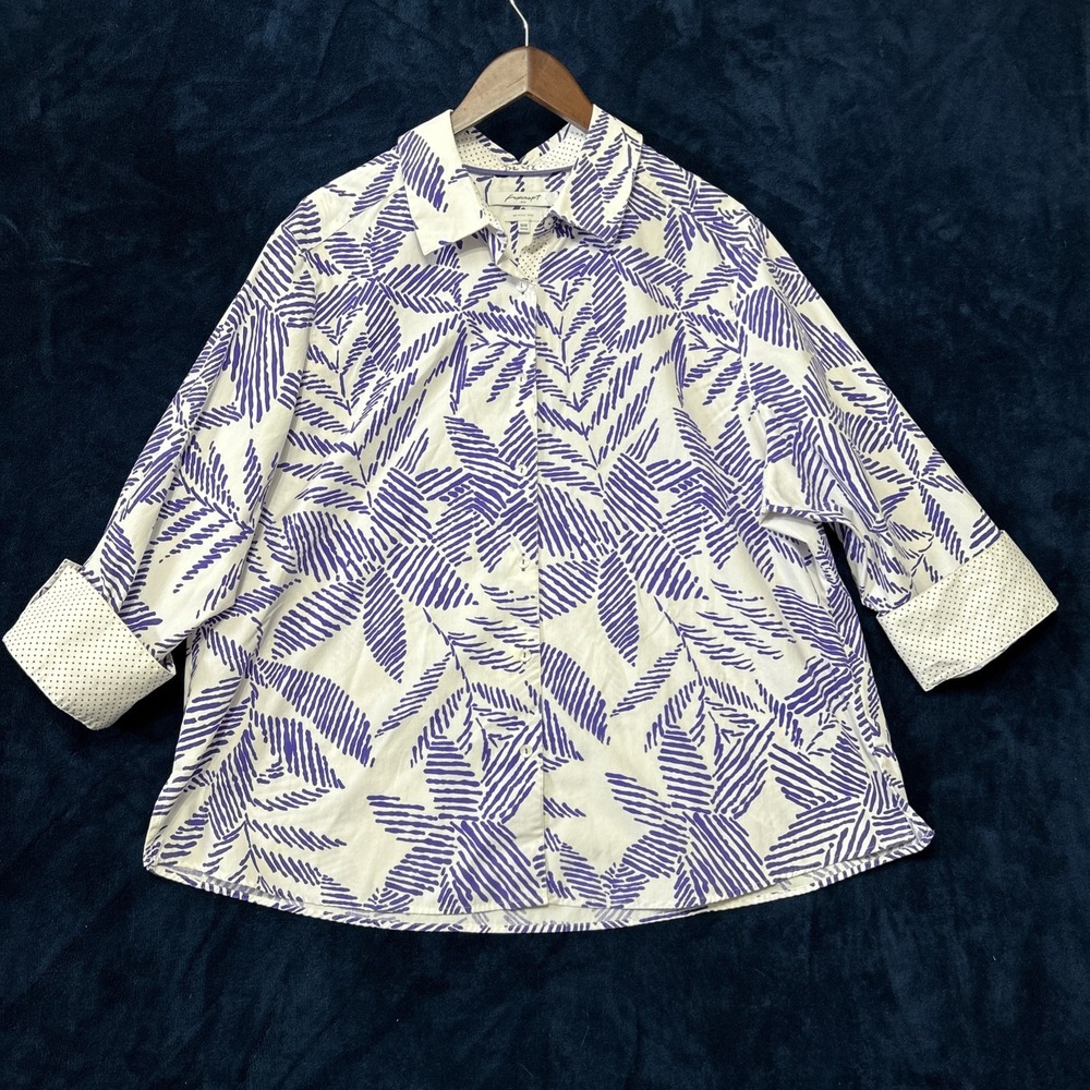 Foxcroft Womens Print Button Shirt Size 18W Purple White Office Mature Career